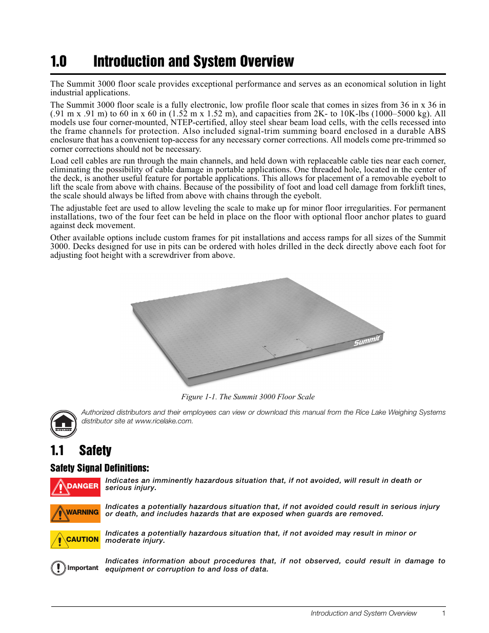 0 introduction and system overview, Figure 1-1. the summit 3000 floor scale, 1 safety | Safety signal definitions | Rice Lake Summit 3000 Low-Profile Package User Manual | Page 5 / 20