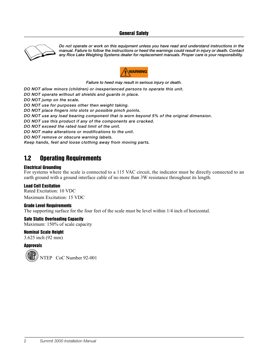 2 operating requirements, Electrical grounding, Load cell excitation | Grade level requirements, Safe static overloading capacity, Nominal scale height, Approvals, General safety, Maximum: 150% of scale capacity, Warning | Rice Lake Summit 3000 Low-Profile Package User Manual | Page 6 / 20