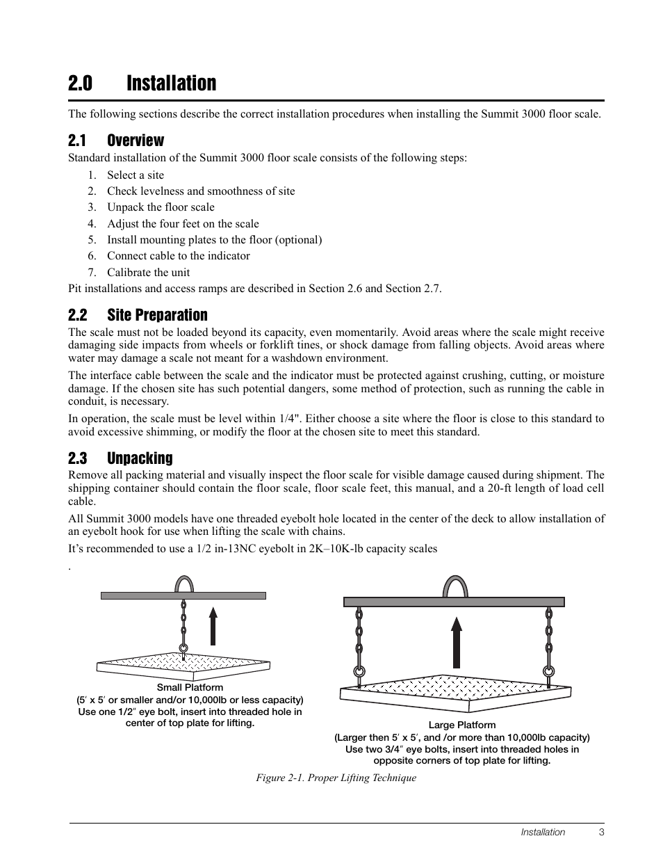 0 installation, 1 overview, Select a site | Check levelness and smoothness of site, Unpack the floor scale, Adjust the four feet on the scale, Install mounting plates to the floor (optional), Connect cable to the indicator, Calibrate the unit, 2 site preparation | Rice Lake Summit 3000 Low-Profile Package User Manual | Page 7 / 20