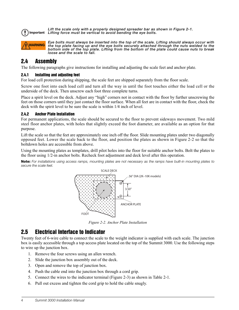 4 assembly, 1 installing and adjusting feet, 2 anchor plate installation | Figure 2-2. anchor plate installation, 5 electrical interface to indicator, Remove the four screws using an allen wrench, Slide the junction box assembly out of the deck, Open and remove the top of junction box | Rice Lake Summit 3000 Low-Profile Package User Manual | Page 8 / 20