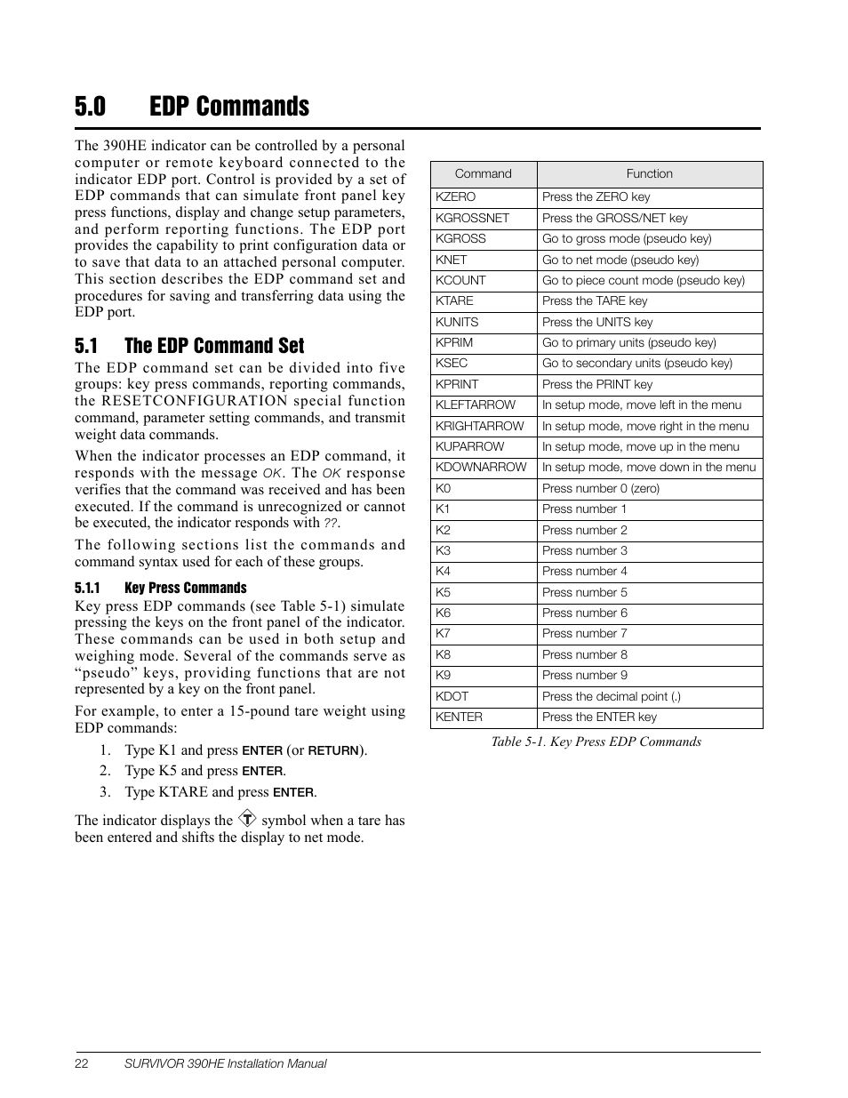 0 edp commands, 1 the edp command set, 1 key press commands | Rice Lake Survivor 390HE Hostile Environment Digital Indicator User Manual | Page 26 / 44