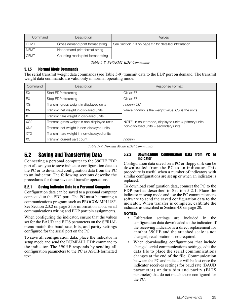 5 normal mode commands, 2 saving and transferring data, 1 saving indicator data to a personal computer | Table 5-8) | Rice Lake Survivor 390HE Hostile Environment Digital Indicator User Manual | Page 29 / 44