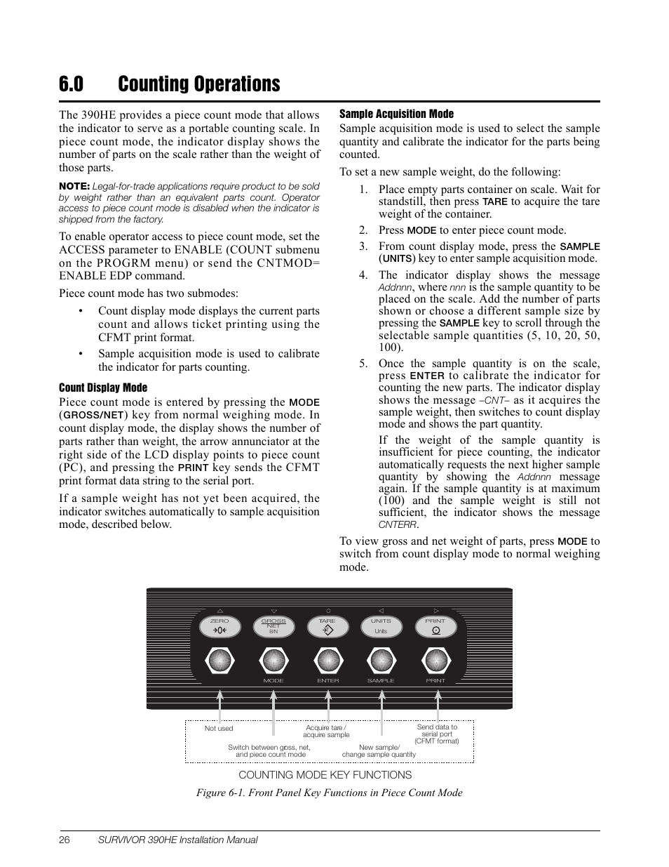 0 counting operations, Section 6.0 on | Rice Lake Survivor 390HE Hostile Environment Digital Indicator User Manual | Page 30 / 44