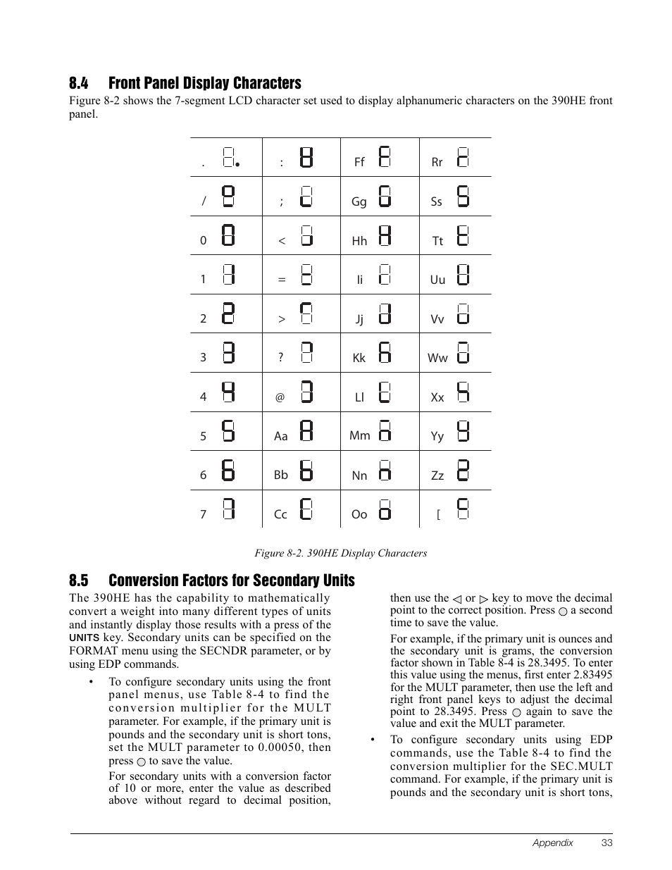 4 front panel display characters, 5 conversion factors for secondary units | Rice Lake Survivor 390HE Hostile Environment Digital Indicator User Manual | Page 37 / 44