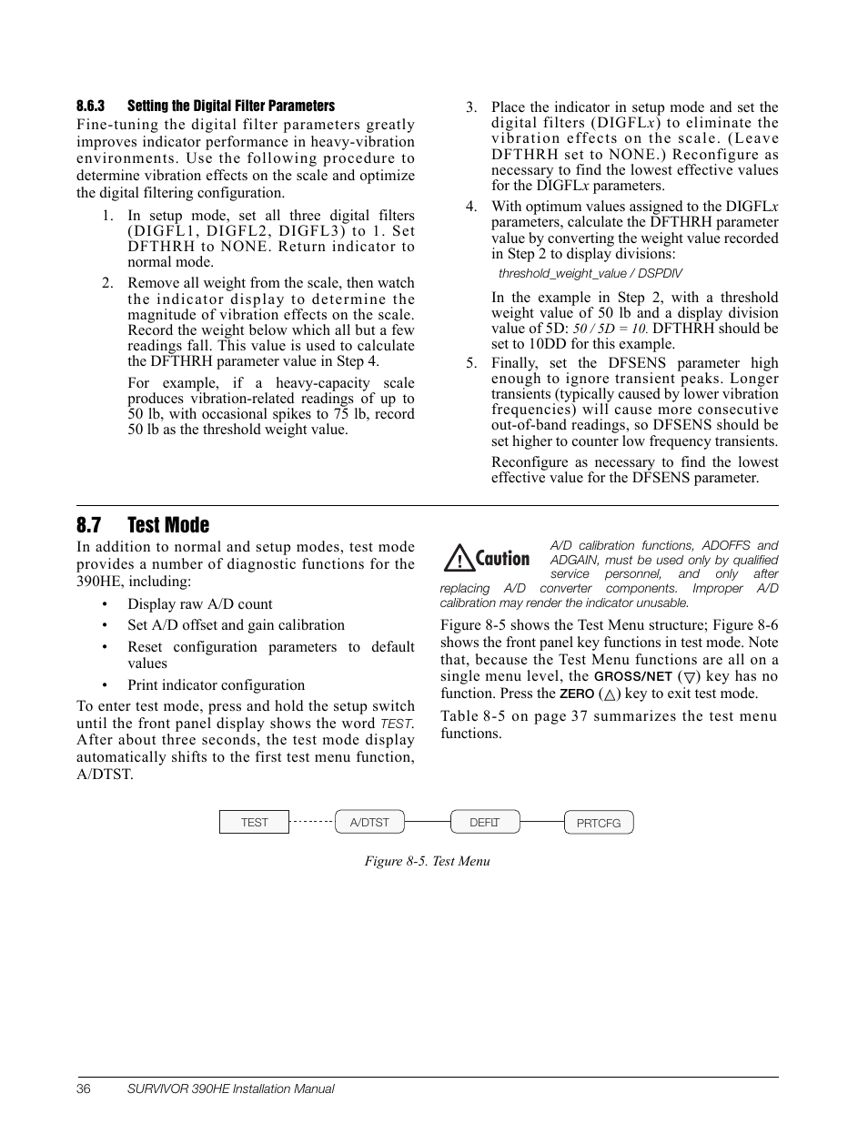 3 setting the digital filter parameters, 7 test mode, Section 8.7 on | Caution | Rice Lake Survivor 390HE Hostile Environment Digital Indicator User Manual | Page 40 / 44