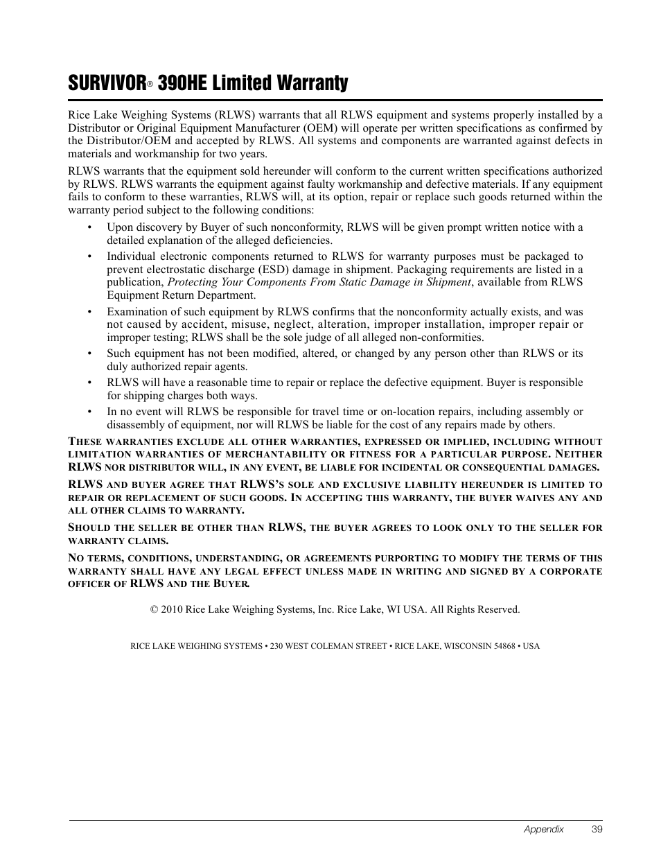 Survivor® 390he limited warranty, Survivor, 390he limited warranty | Rice Lake Survivor 390HE Hostile Environment Digital Indicator User Manual | Page 43 / 44