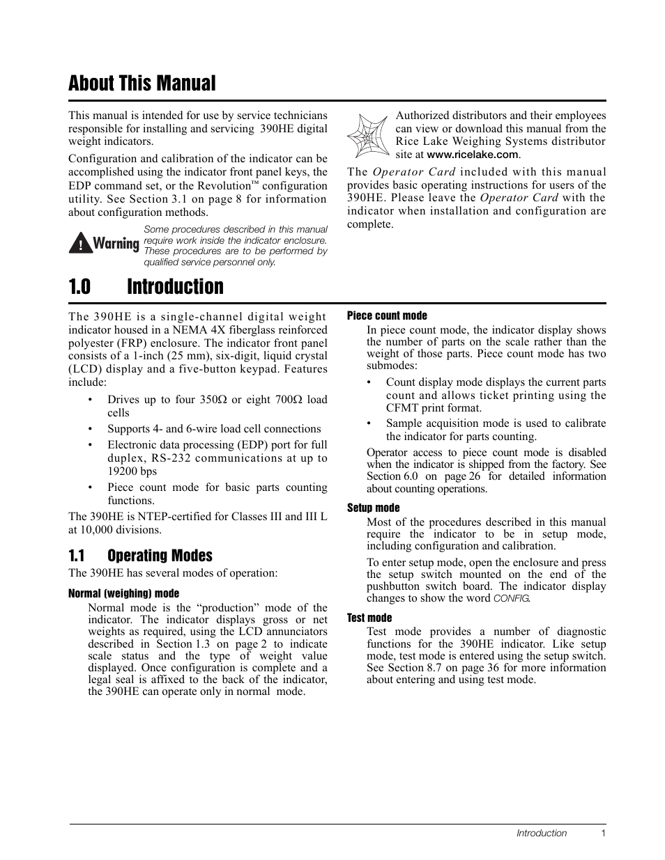 About this manual, 0 introduction, 1 operating modes | Warning | Rice Lake Survivor 390HE Hostile Environment Digital Indicator User Manual | Page 5 / 44