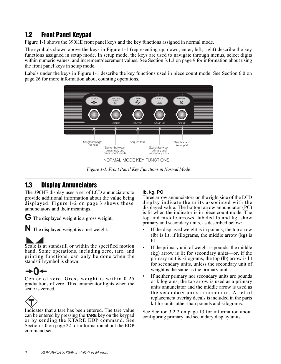 2 front panel keypad, 3 display annunciators | Rice Lake Survivor 390HE Hostile Environment Digital Indicator User Manual | Page 6 / 44