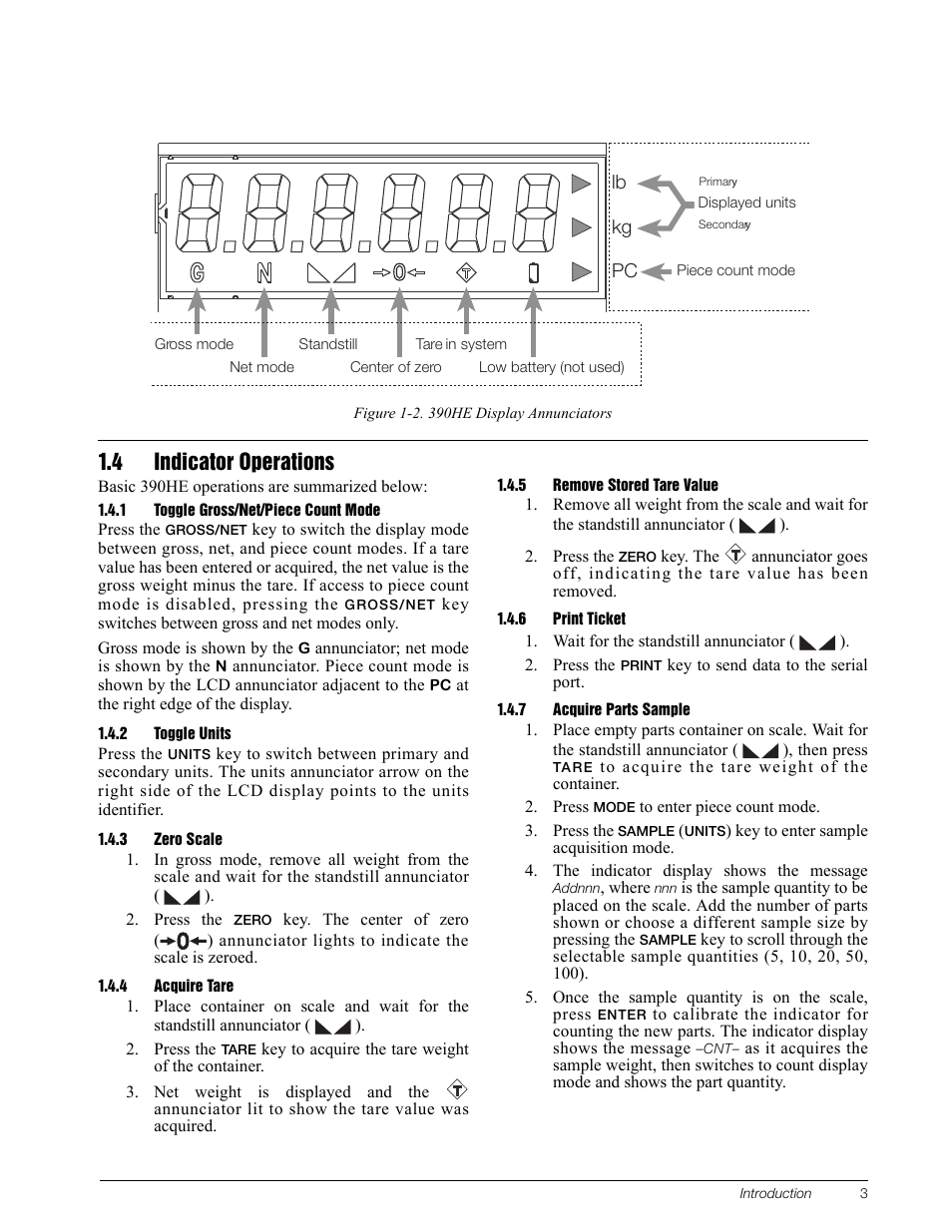 4 indicator operations, 1 toggle gross/net/piece count mode, 2 toggle units | 3 zero scale, 4 acquire tare, 5 remove stored tare value, 6 print ticket, 7 acquire parts sample | Rice Lake Survivor 390HE Hostile Environment Digital Indicator User Manual | Page 7 / 44