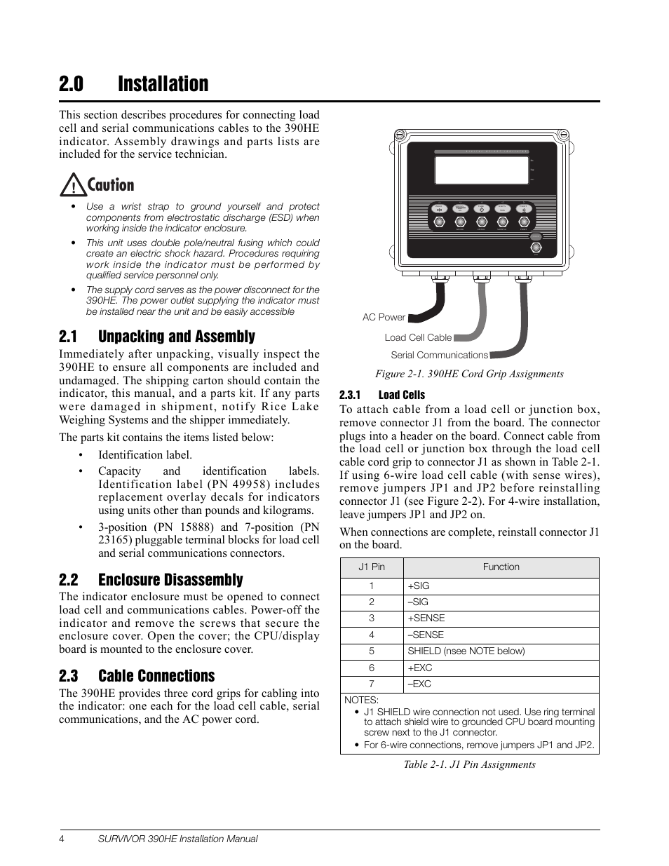 0 installation, 1 unpacking and assembly, 2 enclosure disassembly | 3 cable connections, 1 load cells, Caution | Rice Lake Survivor 390HE Hostile Environment Digital Indicator User Manual | Page 8 / 44