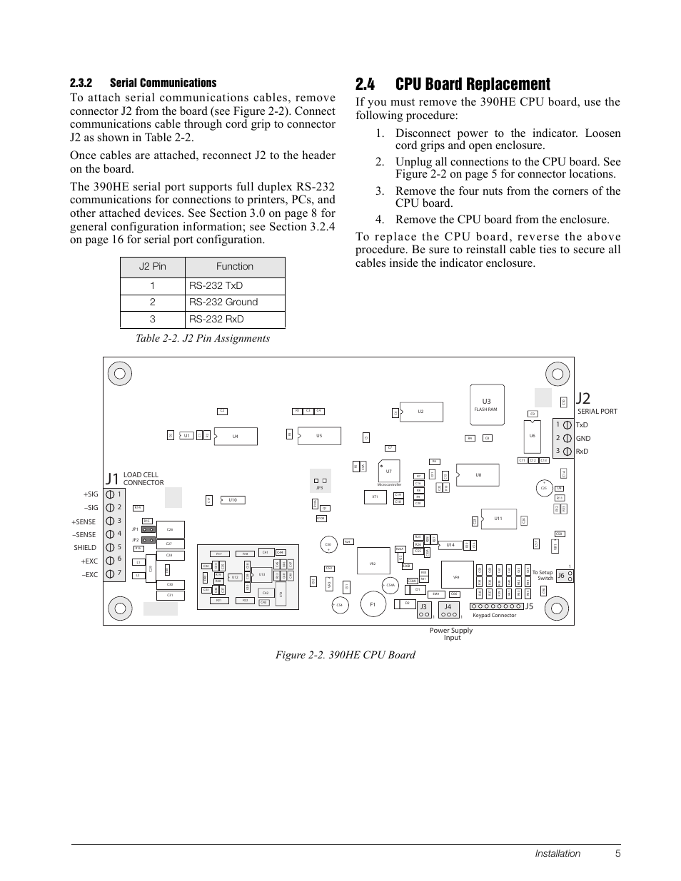 2 serial communications, 4 cpu board replacement, Table 2-2. j2 pin assignments | Installation 5 | Rice Lake Survivor 390HE Hostile Environment Digital Indicator User Manual | Page 9 / 44