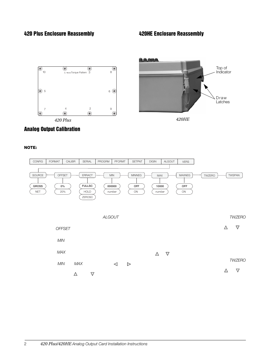 420 plus enclosure reassembly, 420he enclosure reassembly, Analog output calibration | Enter setup mode and go to the, Menu (see figure 4). • set | Rice Lake SURVIVOR 420 Plus/420HE Analog Output Card Installation User Manual | Page 2 / 2