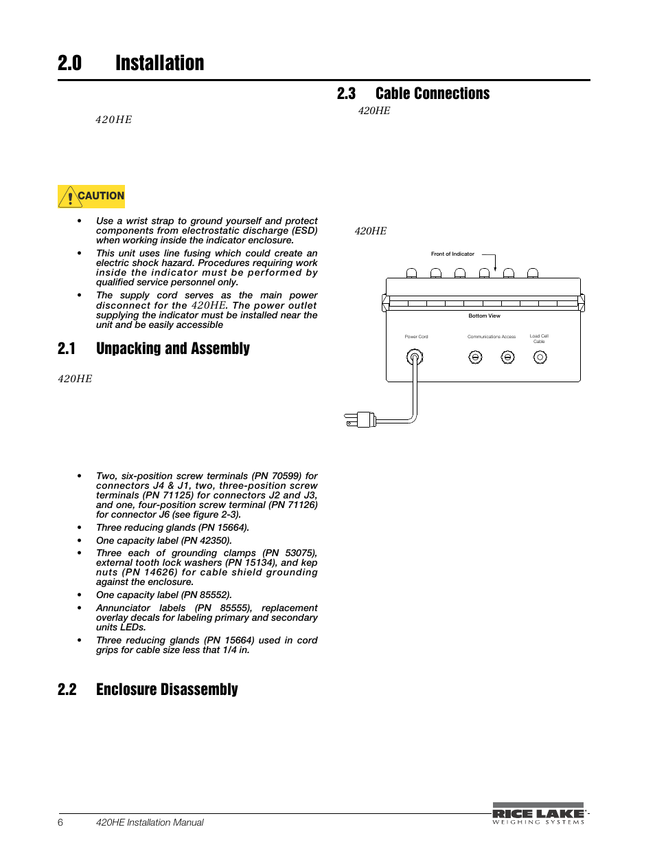0 installation, 1 unpacking and assembly, 2 enclosure disassembly | 3 cable connections, Installation | Rice Lake SURVIVOR 420HE Hostile Environment - Installation Manual User Manual | Page 10 / 56