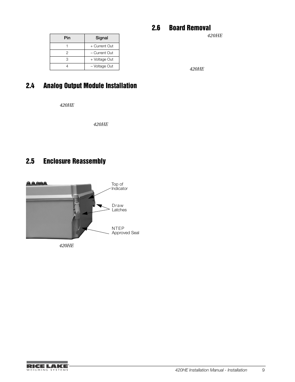 4 analog output module installation, 5 enclosure reassembly, 6 board removal | Section 2.4 fo | Rice Lake SURVIVOR 420HE Hostile Environment - Installation Manual User Manual | Page 13 / 56