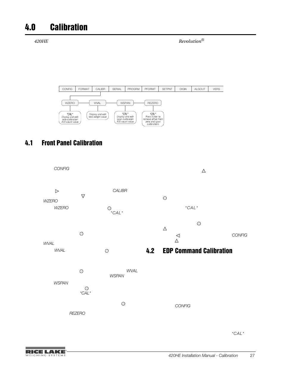 0 calibration, 1 front panel calibration, 2 edp command calibration | Section 4.1 on | Rice Lake SURVIVOR 420HE Hostile Environment - Installation Manual User Manual | Page 31 / 56