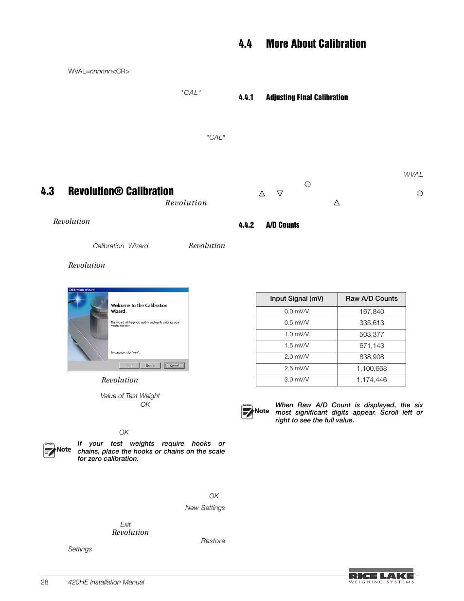 3 revolution® calibration, 4 more about calibration, 1 adjusting final calibration | 2 a/d counts, Adjusting final calibration, A/d counts | Rice Lake SURVIVOR 420HE Hostile Environment - Installation Manual User Manual | Page 32 / 56