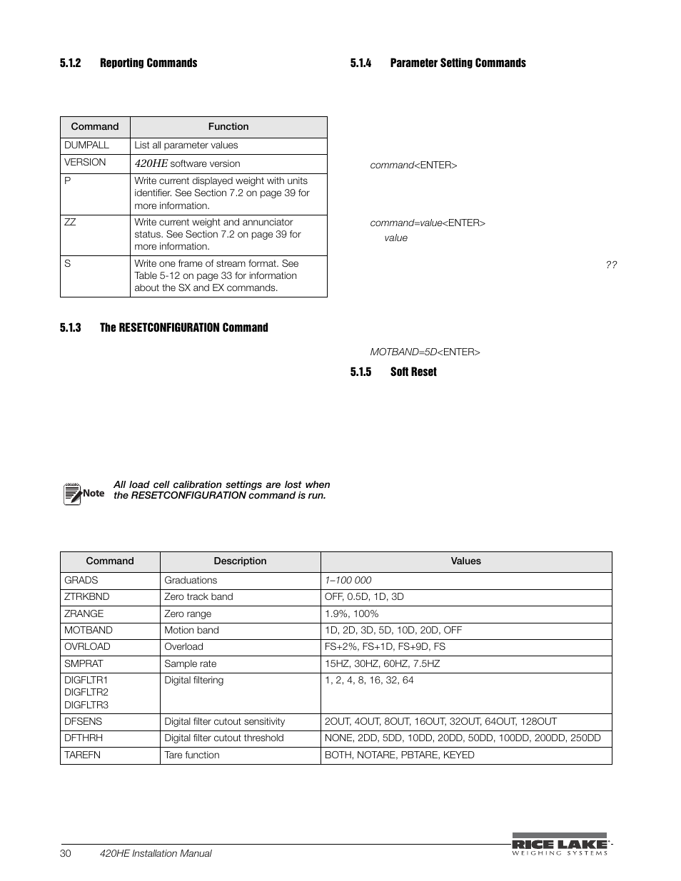 2 reporting commands, 3 the resetconfiguration command, 4 parameter setting commands | 5 soft reset, Reporting commands, The resetconfiguration command, Parameter setting commands, Soft reset | Rice Lake SURVIVOR 420HE Hostile Environment - Installation Manual User Manual | Page 34 / 56