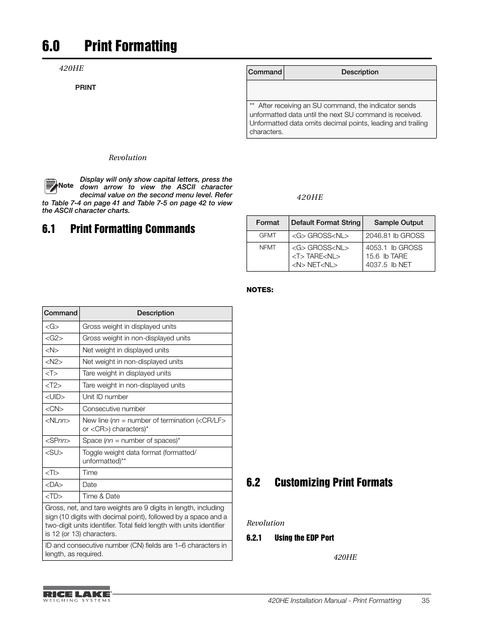 0 print formatting, 1 print formatting commands, 2 customizing print formats | 1 using the edp port, Print formatting, Using the edp port | Rice Lake SURVIVOR 420HE Hostile Environment - Installation Manual User Manual | Page 39 / 56