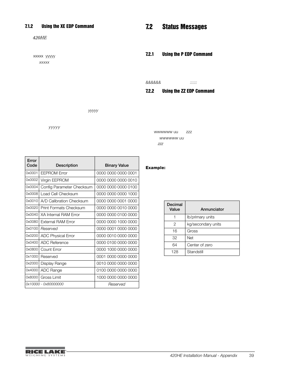 2 using the xe edp command, 2 status messages, 1 using the p edp command | 2 using the zz edp command, Using the xe edp command, Using the p edp command, Using the zz edp command | Rice Lake SURVIVOR 420HE Hostile Environment - Installation Manual User Manual | Page 43 / 56