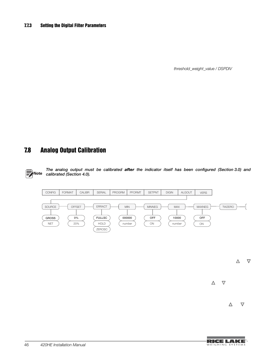 3 setting the digital filter parameters, 8 analog output calibration, Setting the digital filter parameters | Figure 7.8 46 for an | Rice Lake SURVIVOR 420HE Hostile Environment - Installation Manual User Manual | Page 50 / 56