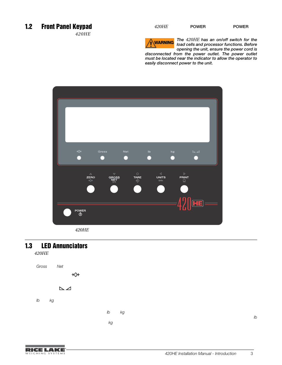 2 front panel keypad, 3 led annunciators, 2 front panel keypad 1.3 led annunciators | Rice Lake SURVIVOR 420HE Hostile Environment - Installation Manual User Manual | Page 7 / 56
