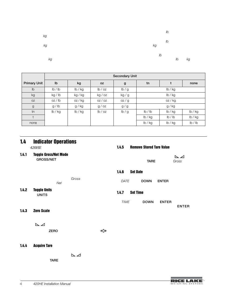 4 indicator operations, 1 toggle gross/net mode, 2 toggle units | 3 zero scale, 4 acquire tare, 5 remove stored tare value, 6 set date, 7 set time, Toggle gross/net mode, Toggle units | Rice Lake SURVIVOR 420HE Hostile Environment - Installation Manual User Manual | Page 8 / 56