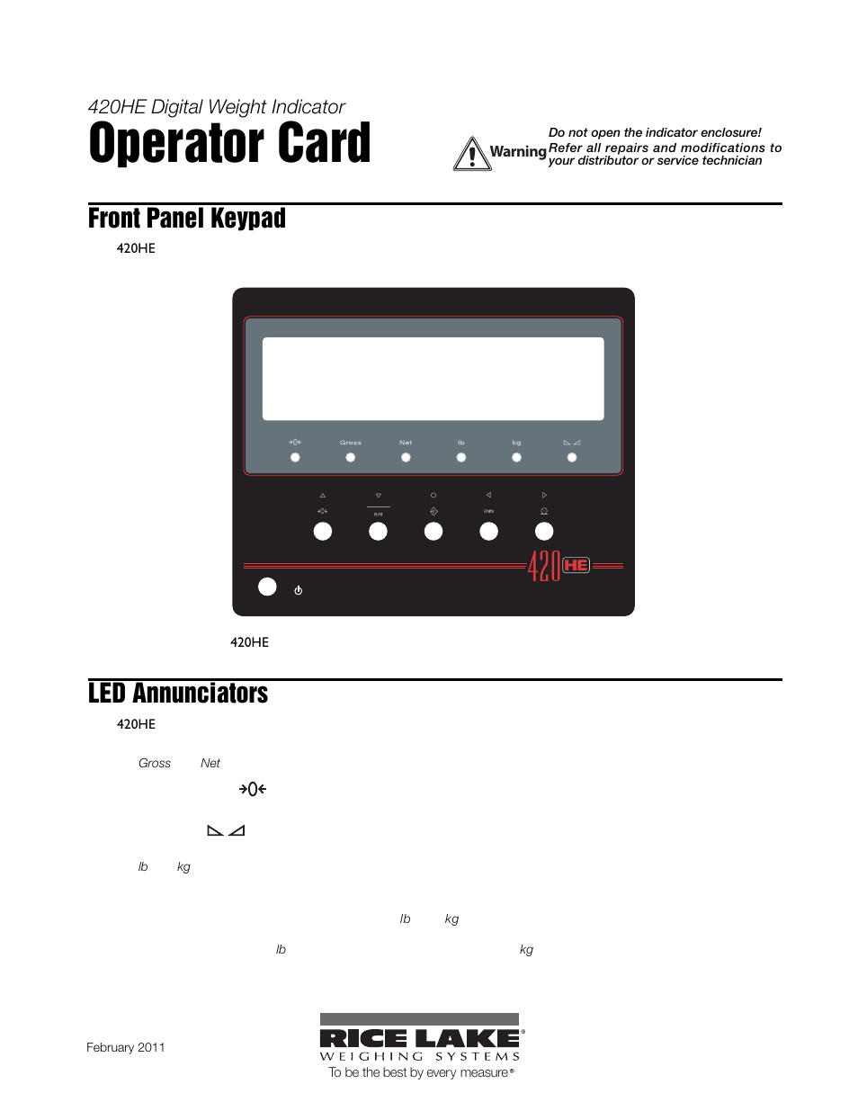 Rice Lake SURVIVOR 420HE Hostile Environment - Operator Card User Manual | 3 pages