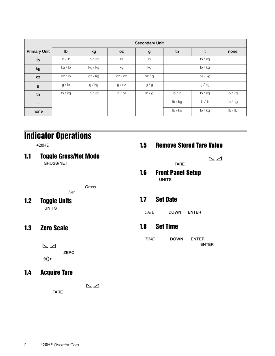 Indicator operations, 1 toggle gross/net mode, 2 toggle units | 3 zero scale, 4 acquire tare, 5 remove stored tare value, 6 front panel setup, 7 set date, 8 set time | Rice Lake SURVIVOR 420HE Hostile Environment - Operator Card User Manual | Page 2 / 3