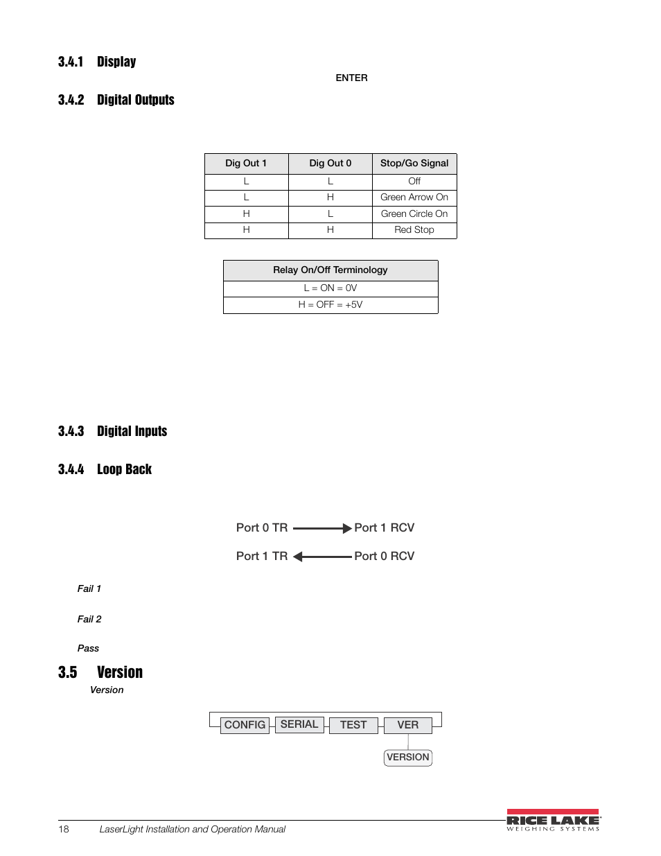 1 display, 2 digital outputs, 3 digital inputs | 4 loop back, 5 version, Display, Digital outputs, Digital inputs, Loop back | Rice Lake SURVIVOR LaserLight Series Stop/Go Remote Displays - Installation & Operation Manual User Manual | Page 22 / 48