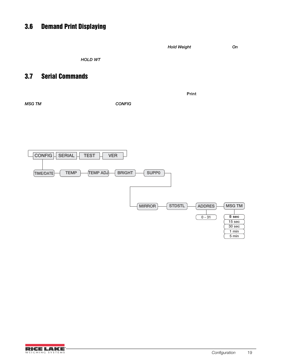 6 demand print displaying, 7 serial commands, 6 demand print displaying 3.7 serial commands | Rice Lake SURVIVOR LaserLight Series Stop/Go Remote Displays - Installation & Operation Manual User Manual | Page 23 / 48