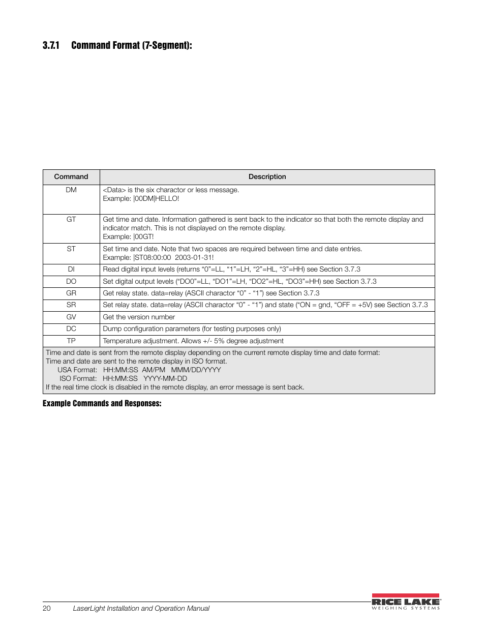 1 command format (7-segment), Command format (7-segment) | Rice Lake SURVIVOR LaserLight Series Stop/Go Remote Displays - Installation & Operation Manual User Manual | Page 24 / 48