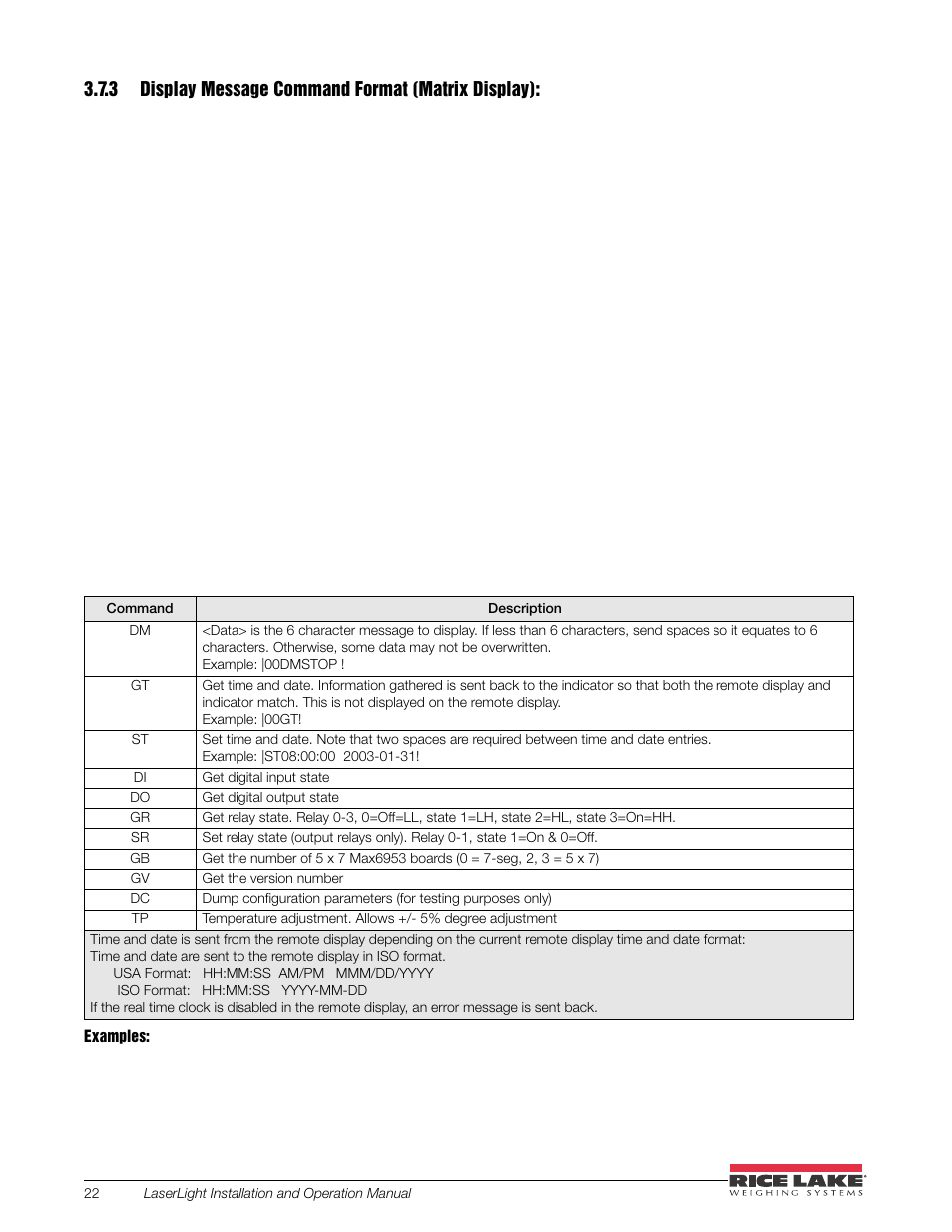 3 display message command format (matrix display), Display message command format (matrix display) | Rice Lake SURVIVOR LaserLight Series Stop/Go Remote Displays - Installation & Operation Manual User Manual | Page 26 / 48