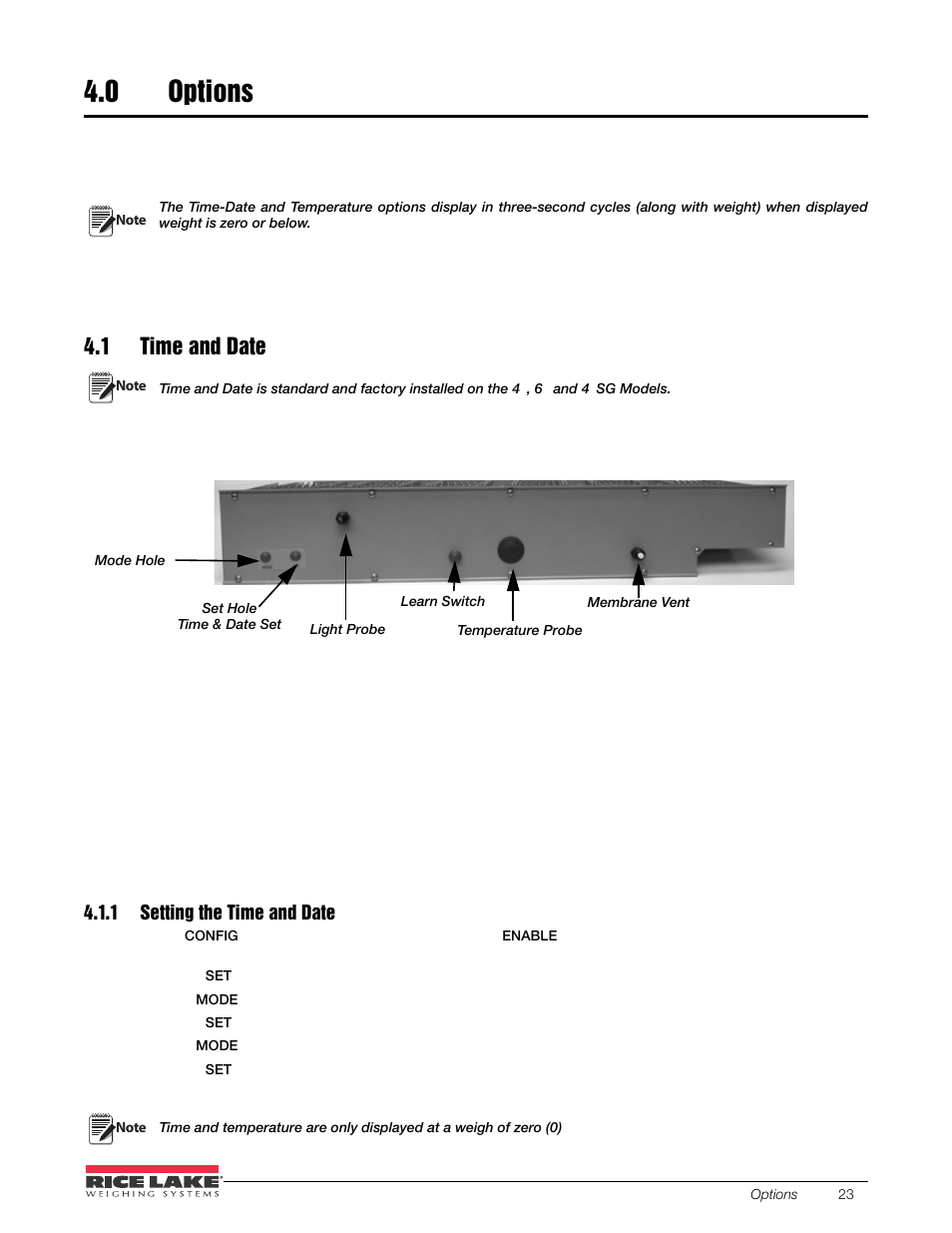 0 options, 1 time and date, 1 setting the time and date | Options, Setting the time and date | Rice Lake SURVIVOR LaserLight Series Stop/Go Remote Displays - Installation & Operation Manual User Manual | Page 27 / 48