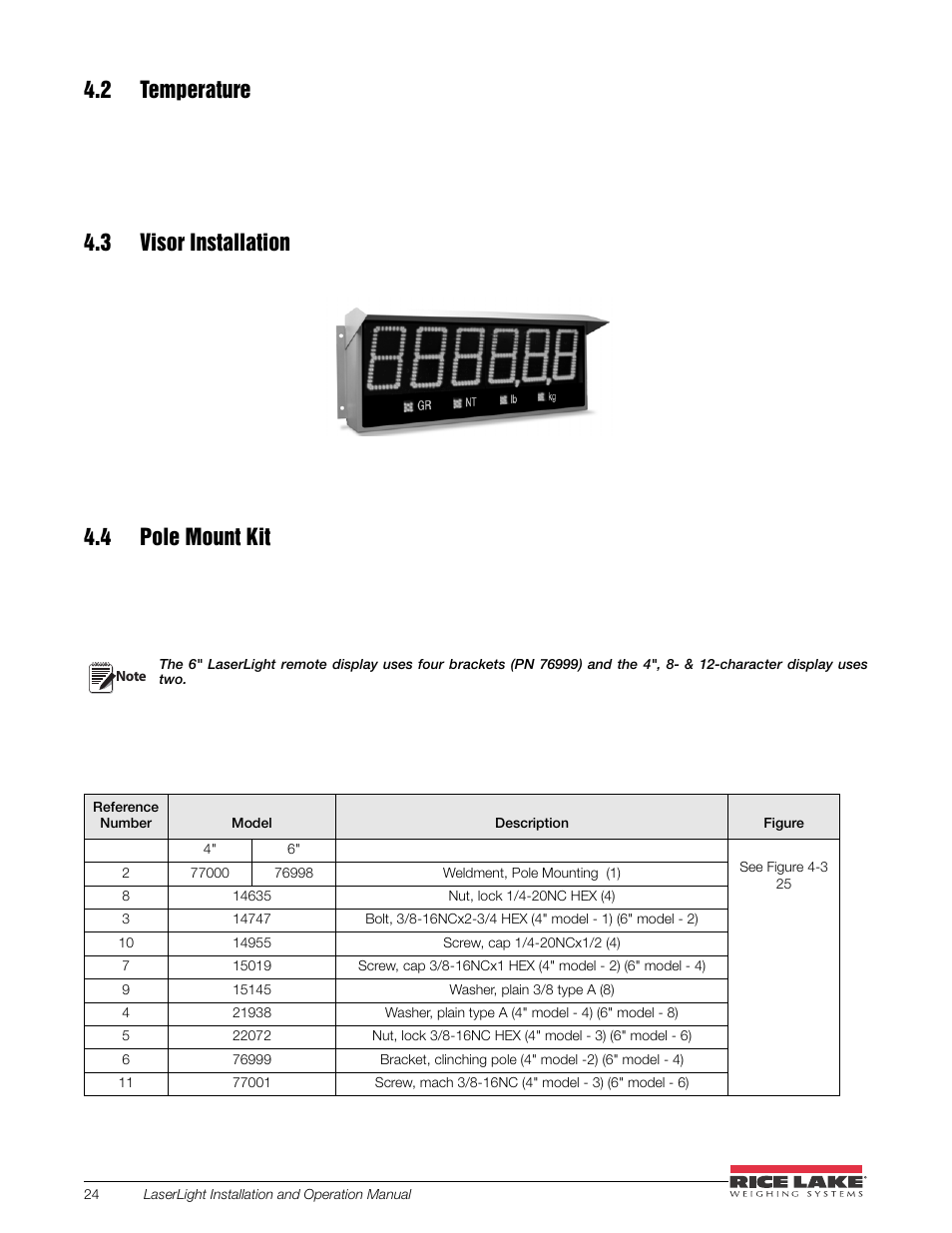 2 temperature, 3 visor installation, 4 pole mount kit | Rice Lake SURVIVOR LaserLight Series Stop/Go Remote Displays - Installation & Operation Manual User Manual | Page 28 / 48