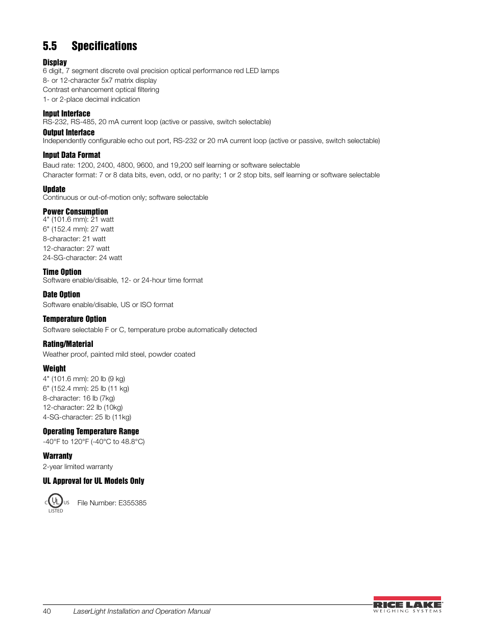 5 specifications | Rice Lake SURVIVOR LaserLight Series Stop/Go Remote Displays - Installation & Operation Manual User Manual | Page 44 / 48