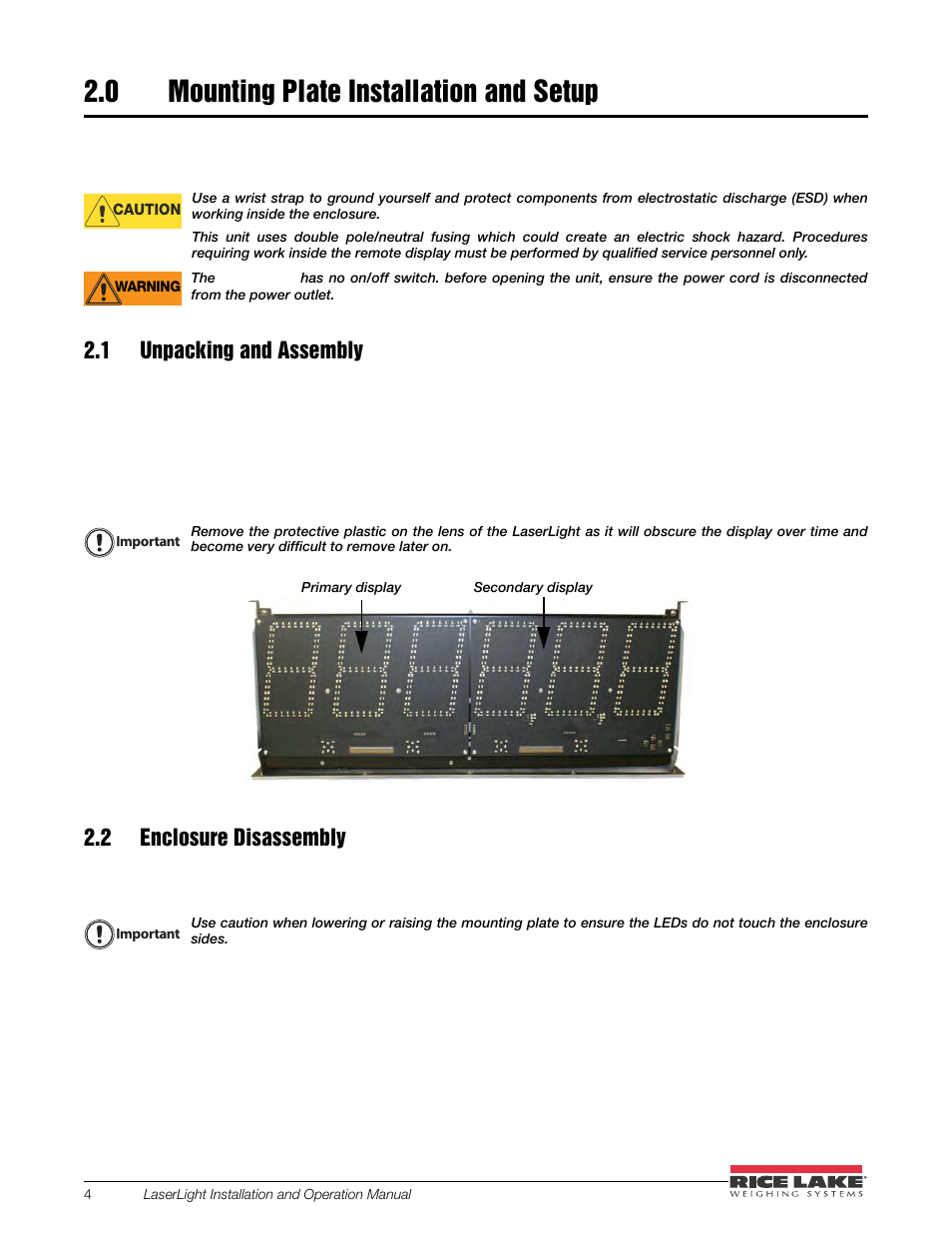 0 mounting plate installation and setup, 1 unpacking and assembly, 2 enclosure disassembly | Mounting plate installation and setup, 1 unpacking and assembly 2.2 enclosure disassembly | Rice Lake SURVIVOR LaserLight Series Stop/Go Remote Displays - Installation & Operation Manual User Manual | Page 8 / 48