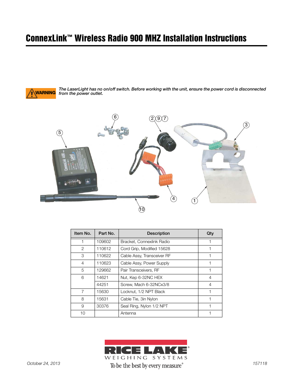 Rice Lake SURVIVOR LaserLight Series Remote Display - ConnexLink Wireless Radio 900 MHZ Installation User Manual | 6 pages