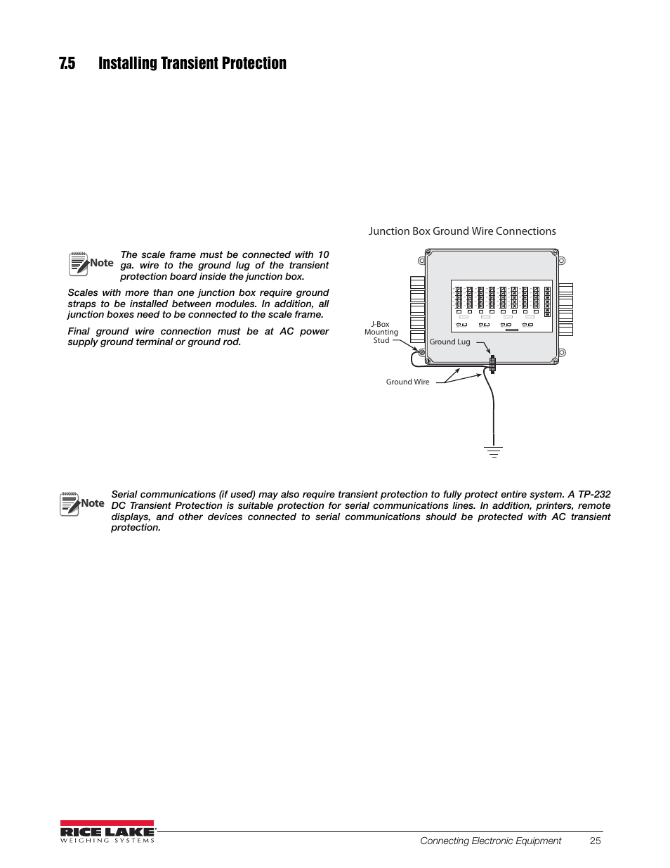 5 installing transient protection, Junction box ground wire connections, Connecting electronic equipment 25 | 32 1 on | Rice Lake SURVIVOR OTR Steel Deck User Manual | Page 29 / 38