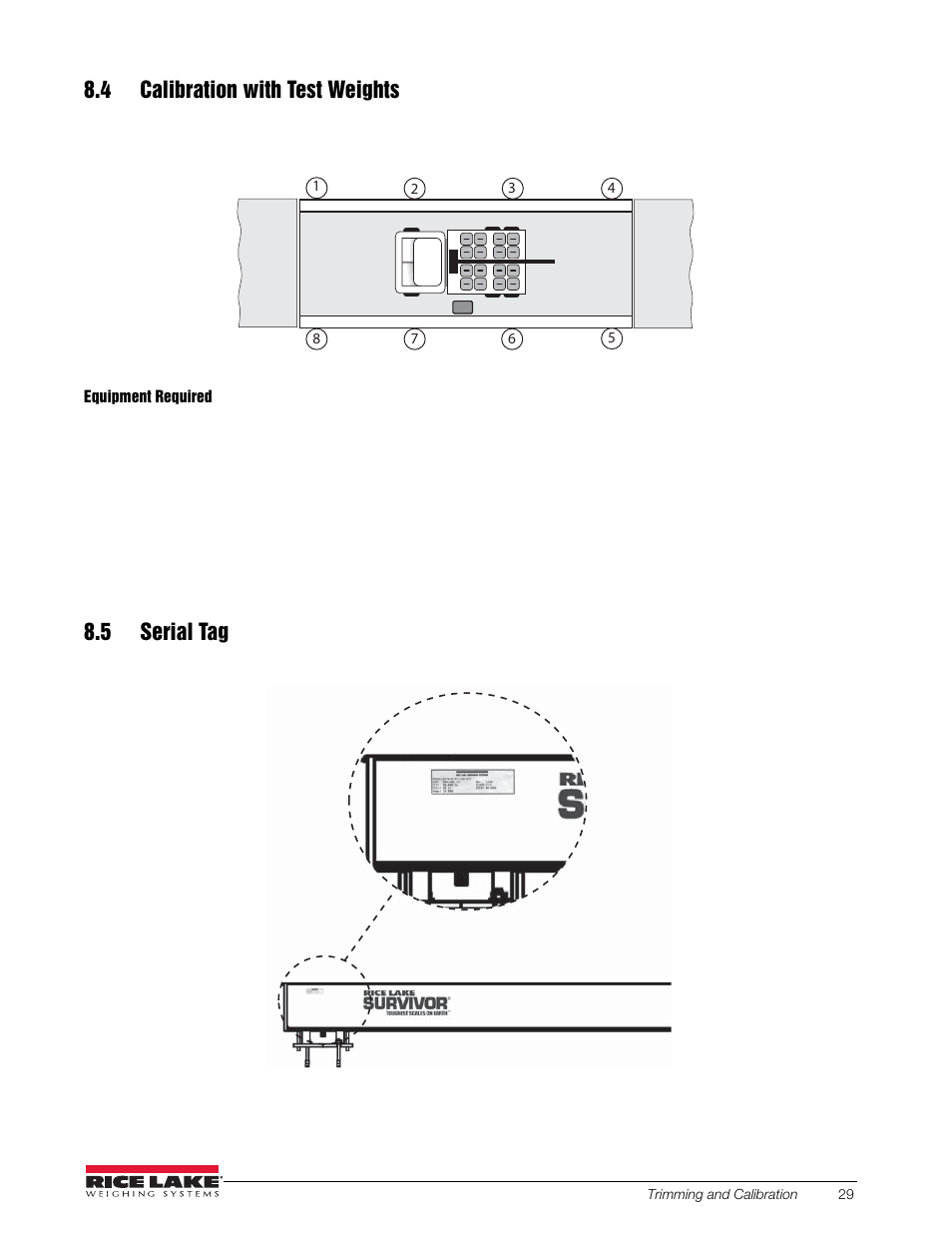 4 calibration with test weights, 5 serial tag, 4 calibration with test weights 8.5 serial tag | Rice Lake SURVIVOR OTR Steel Deck User Manual | Page 33 / 38