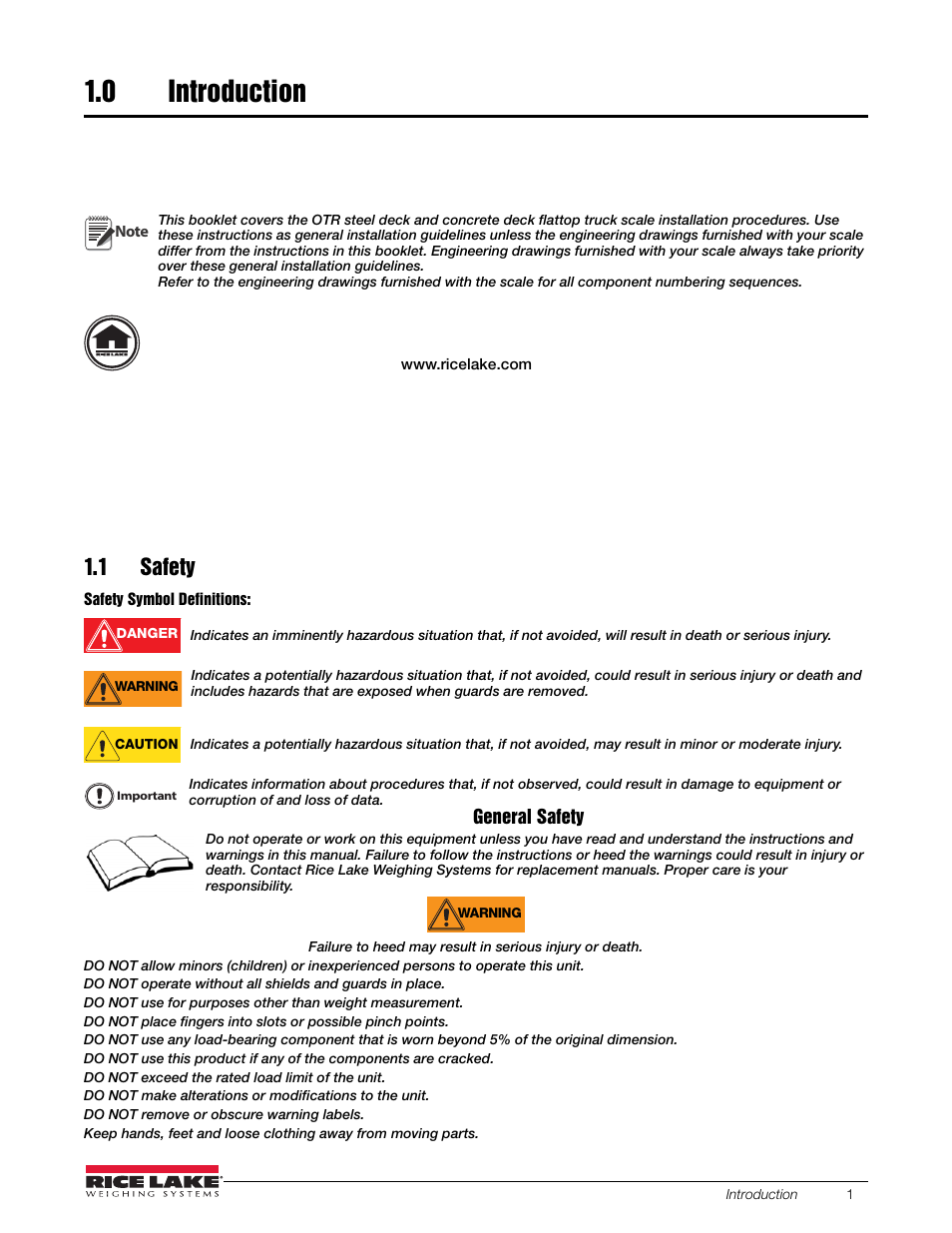 0 introduction, 1 safety, Introduction | Rice Lake SURVIVOR OTR Steel Deck User Manual | Page 5 / 38