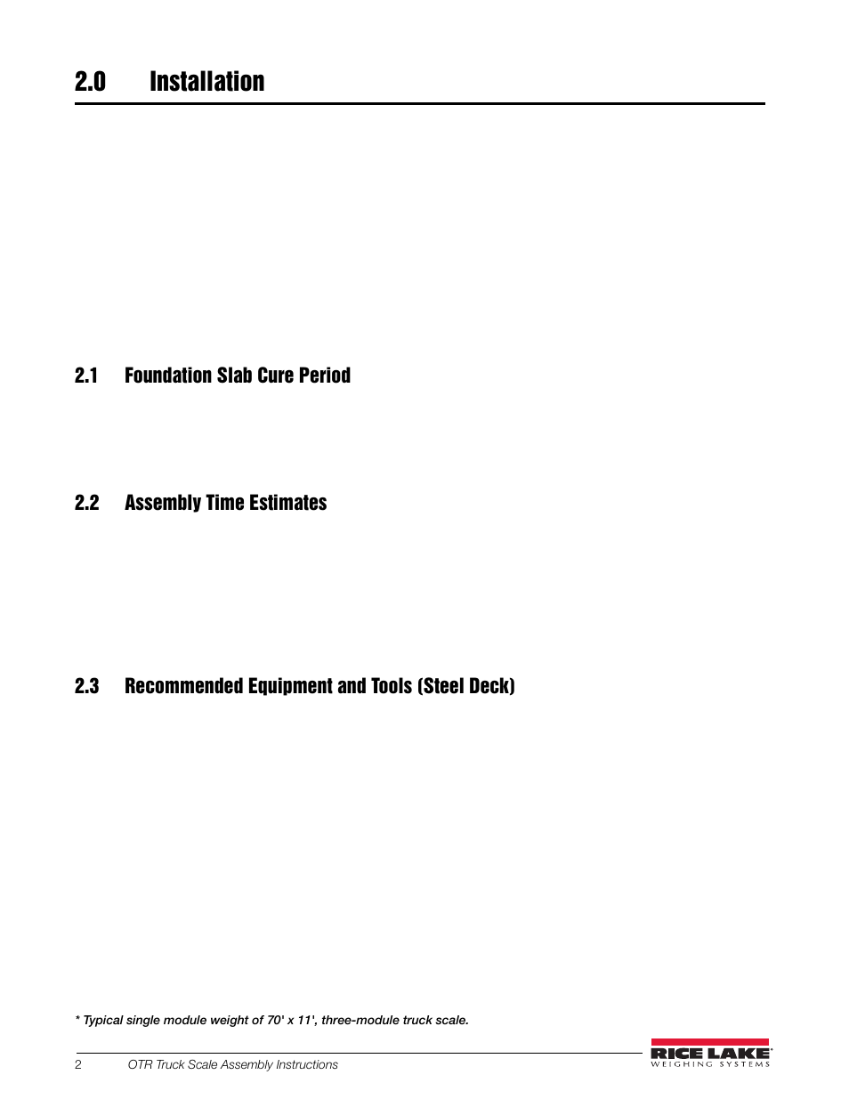 0 installation, 1 foundation slab cure period, 2 assembly time estimates | 3 recommended equipment and tools (steel deck), Installation | Rice Lake SURVIVOR OTR Steel Deck User Manual | Page 6 / 38