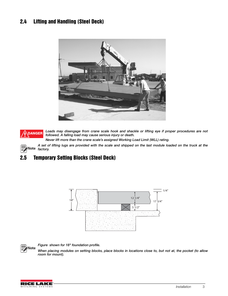 4 lifting and handling (steel deck), 5 temporary setting blocks (steel deck) | Rice Lake SURVIVOR OTR Steel Deck User Manual | Page 7 / 38