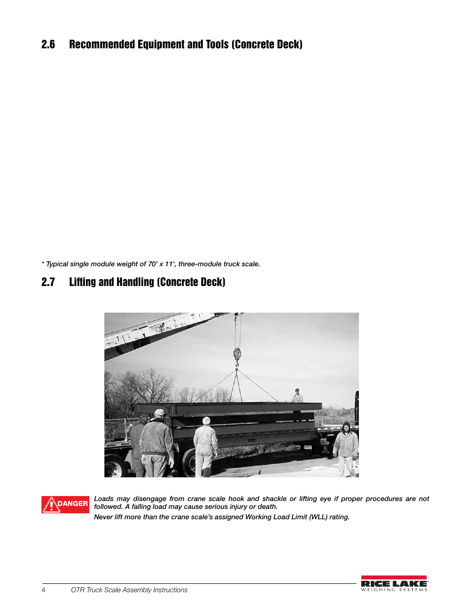 6 recommended equipment and tools (concrete deck), 7 lifting and handling (concrete deck) | Rice Lake SURVIVOR OTR Steel Deck User Manual | Page 8 / 38