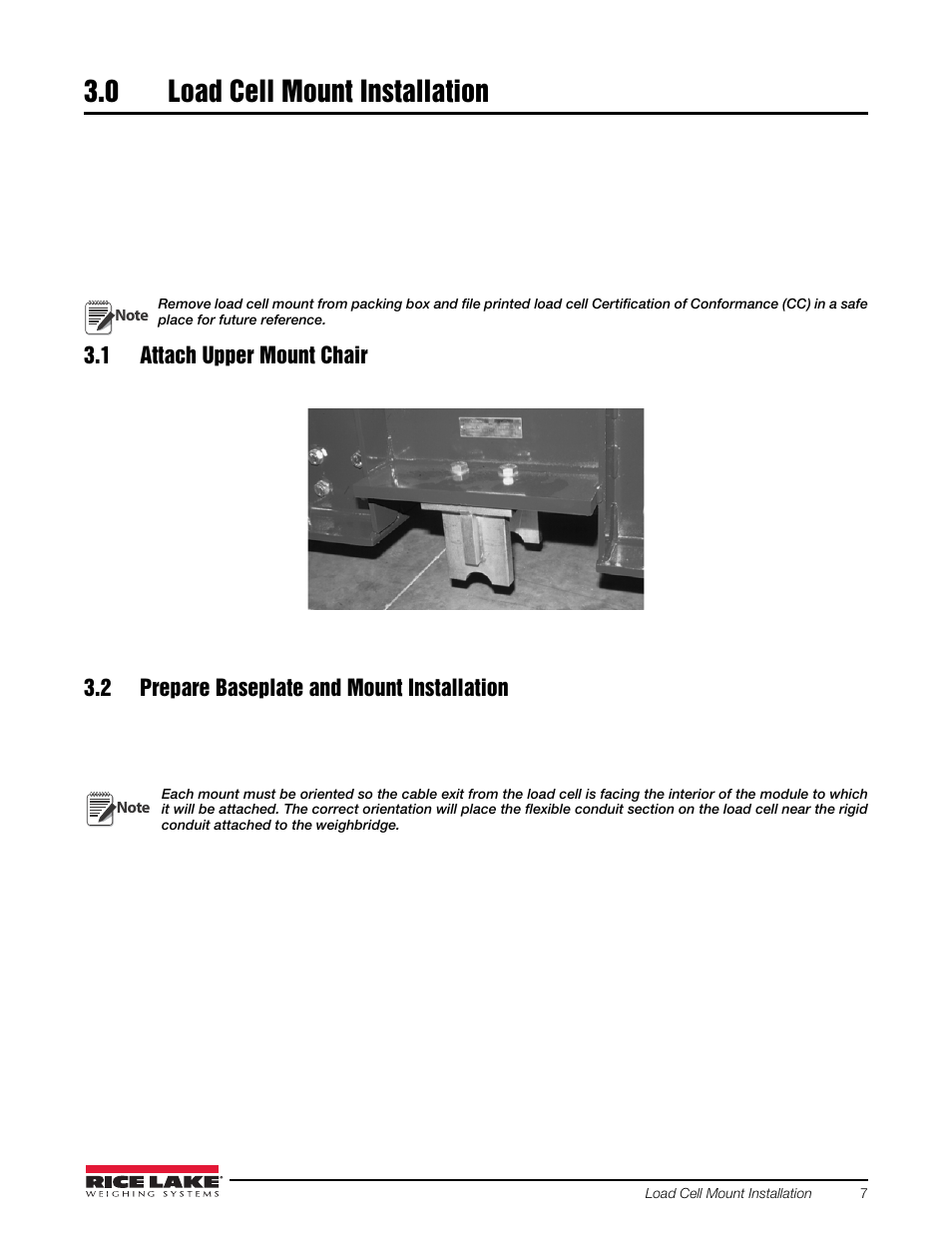 0 load cell mount installation, 1 attach upper mount chair, 2 prepare baseplate and mount installation | Load cell mount installation | Rice Lake SURVIVOR PT Series User Manual | Page 11 / 32