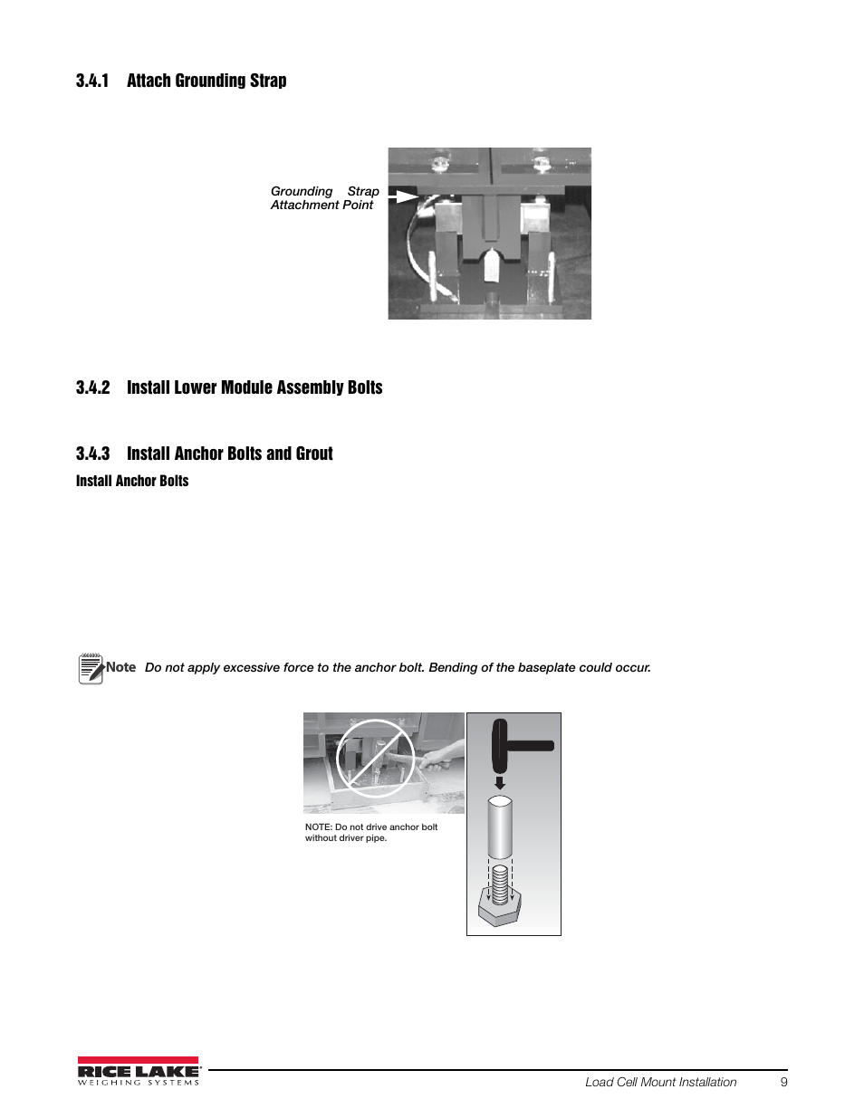 1 attach grounding strap, 2 install lower module assembly bolts, 3 install anchor bolts and grout | Attach grounding strap, Install lower module assembly bolts, Install anchor bolts and grout | Rice Lake SURVIVOR PT Series User Manual | Page 13 / 32