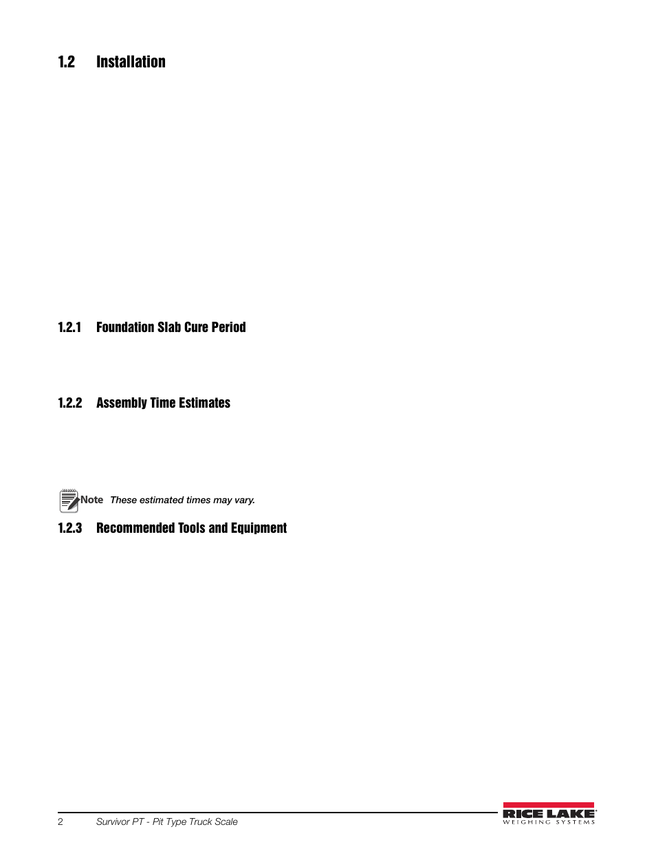 2 installation, 1 foundation slab cure period, 2 assembly time estimates | 3 recommended tools and equipment, Foundation slab cure period, Assembly time estimates, Recommended tools and equipment | Rice Lake SURVIVOR PT Series User Manual | Page 6 / 32