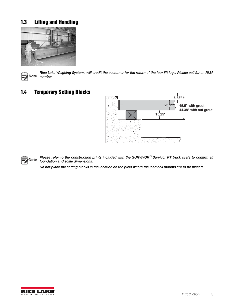 3 lifting and handling, 4 temporary setting blocks | Rice Lake SURVIVOR PT Series User Manual | Page 7 / 32