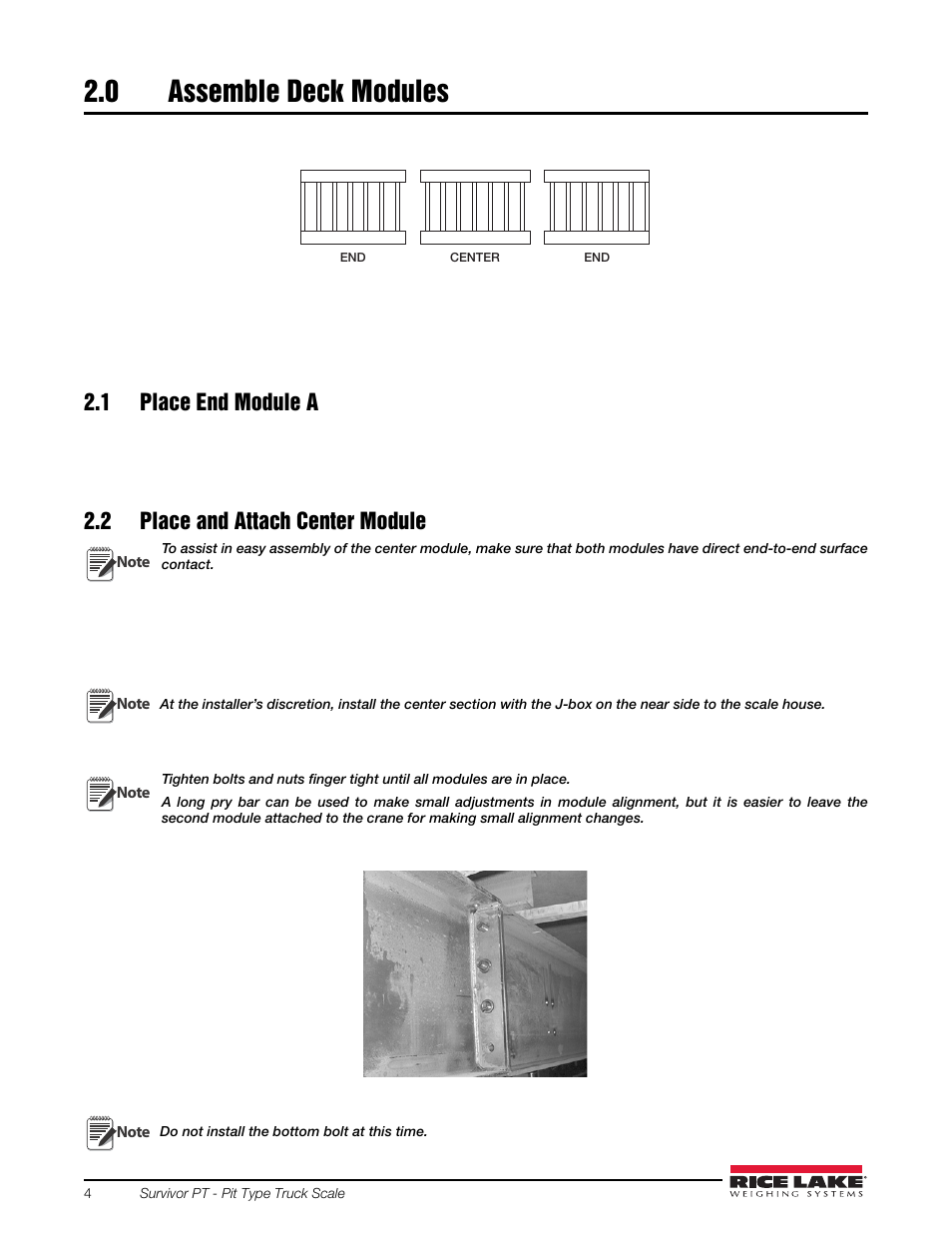 0 assemble deck modules, 1 place end module a, 2 place and attach center module | Assemble deck modules | Rice Lake SURVIVOR PT Series User Manual | Page 8 / 32