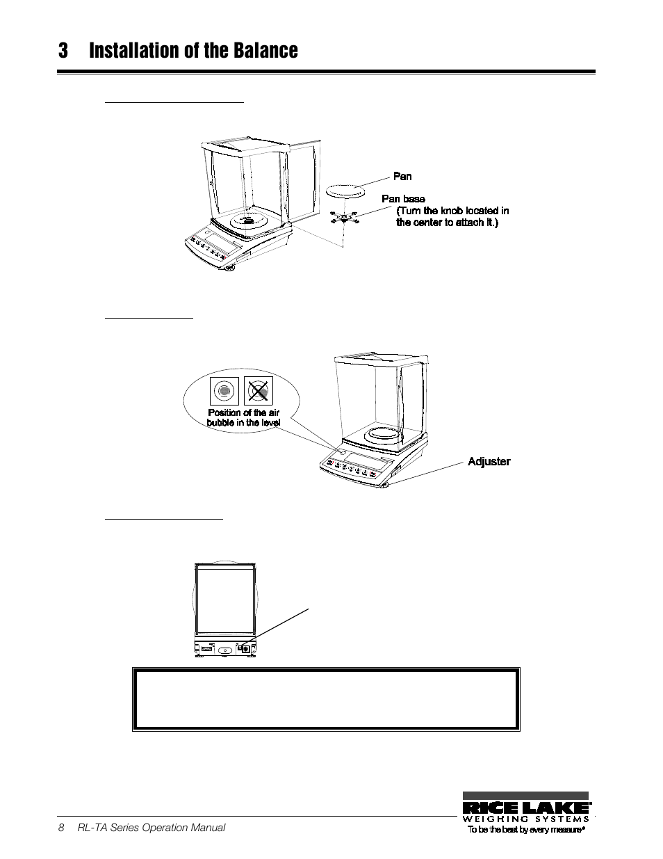3 installation of the balance, Attach the pan base and pan, Level the balance | Connect the ac adapter, Installation of the balance | Rice Lake TA Series, Rice Lake Weighing Systems User Manual | Page 12 / 88