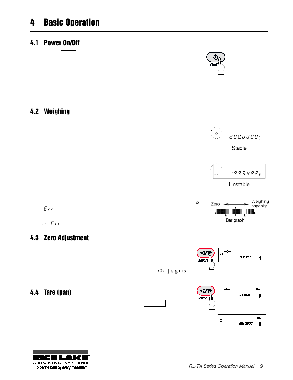 4 basic operation, 1 power on/off, 2 weighing | 3 zero adjustment, 4 tare (pan), Basic operation, Power on/off, Weighing, Zero adjustment, Tare (pan) | Rice Lake TA Series, Rice Lake Weighing Systems User Manual | Page 13 / 88